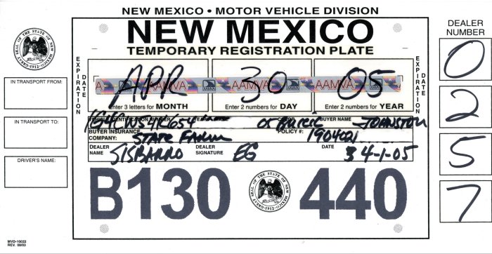 New Mexico Temporary License Plates